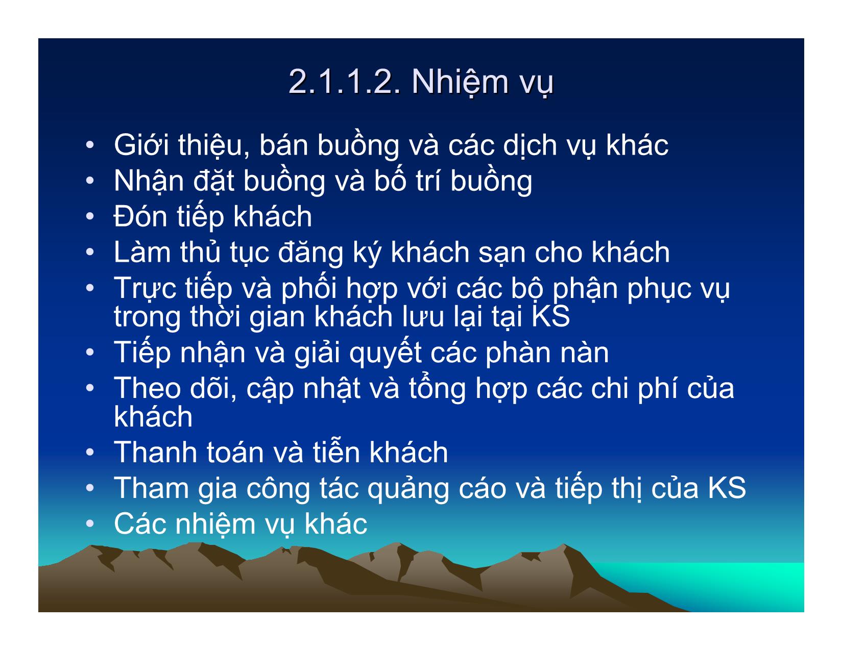 Bài giảng Quy trình phục vụ trong Khách sạn & Nhà hàng - Chương 2: Quy trình phục vụ ở bộ phận lễ tân| trang 5