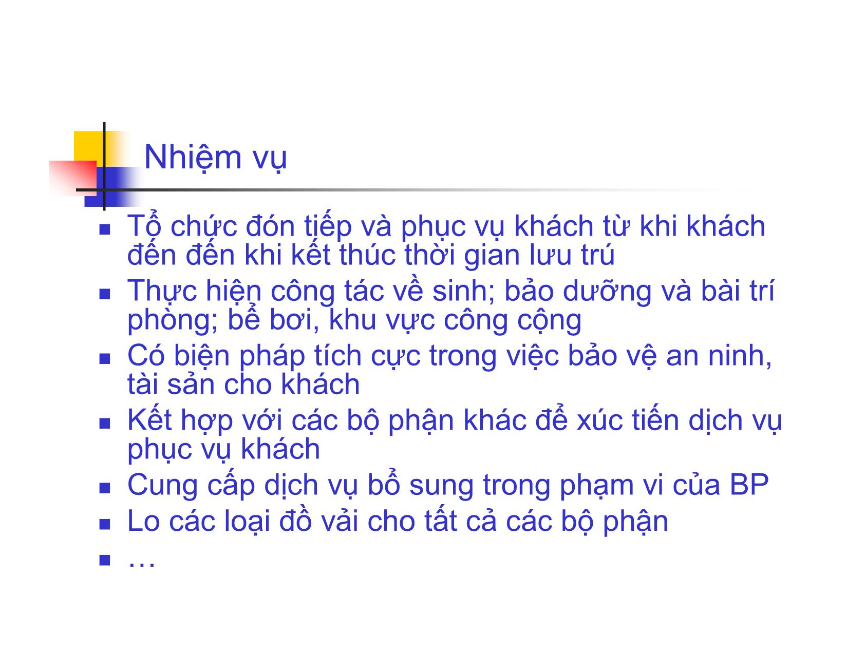 Bài giảng Quy trình phục vụ trong Khách sạn & Nhà hàng - Chương 4: Quy trình phục vụ buồng trang 4