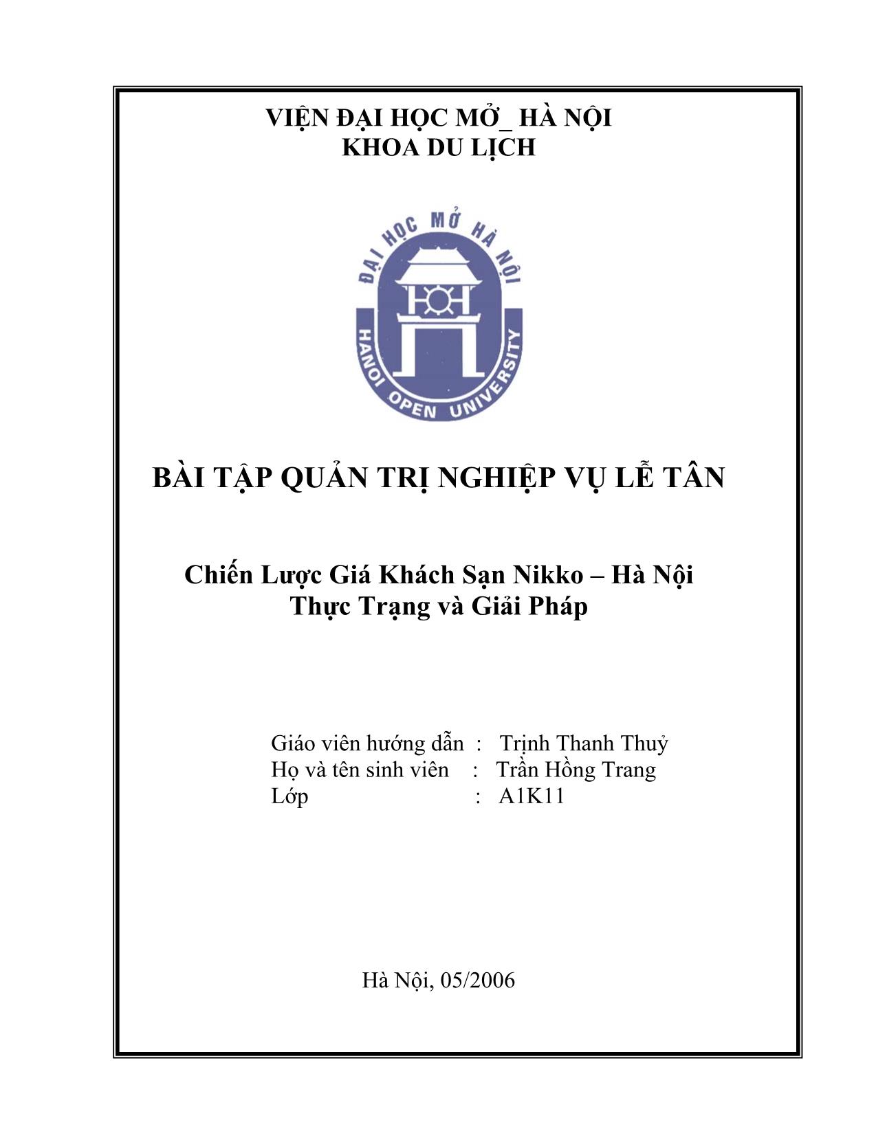 Đề tài Chiến lược giá khách sạn Nikko, Hà Nội - Thực trạng và giải pháp trang 1