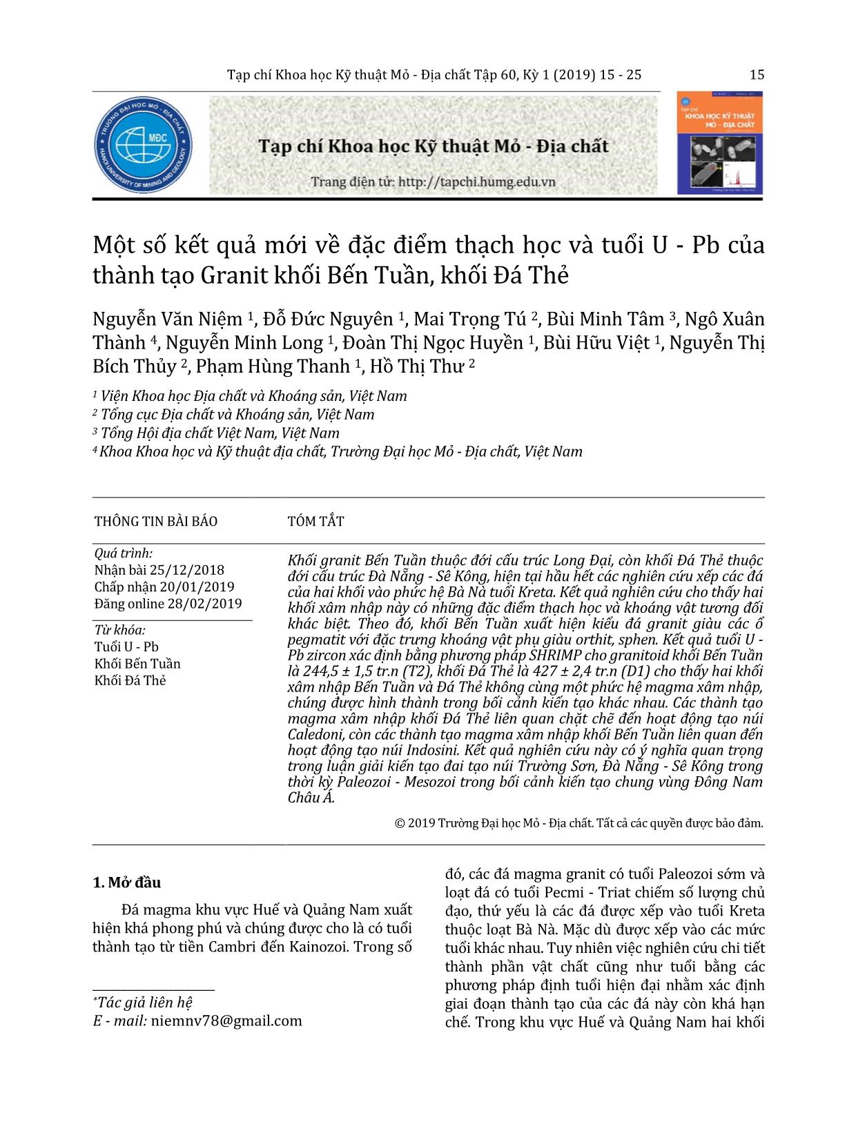 Một số kết quả mới về đặc điểm thạch học và tuổi U - Pb của thành tạo Granit khối Bến Tuần, khối Đá Thẻ trang 1