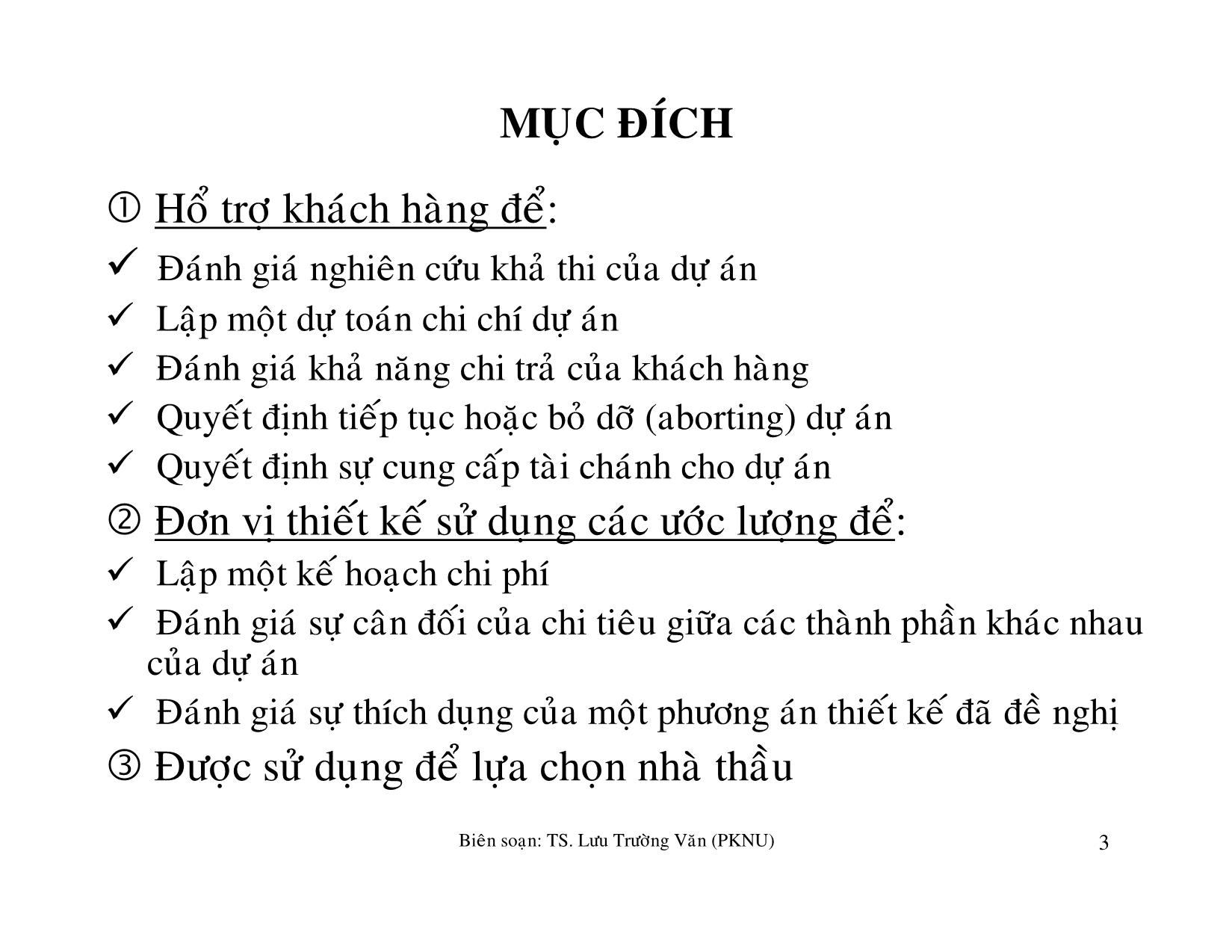 Bài giảng môn học Quản lý tài chánh trong xây dựng - Ước lượng chi phí giai đoạn trang 3