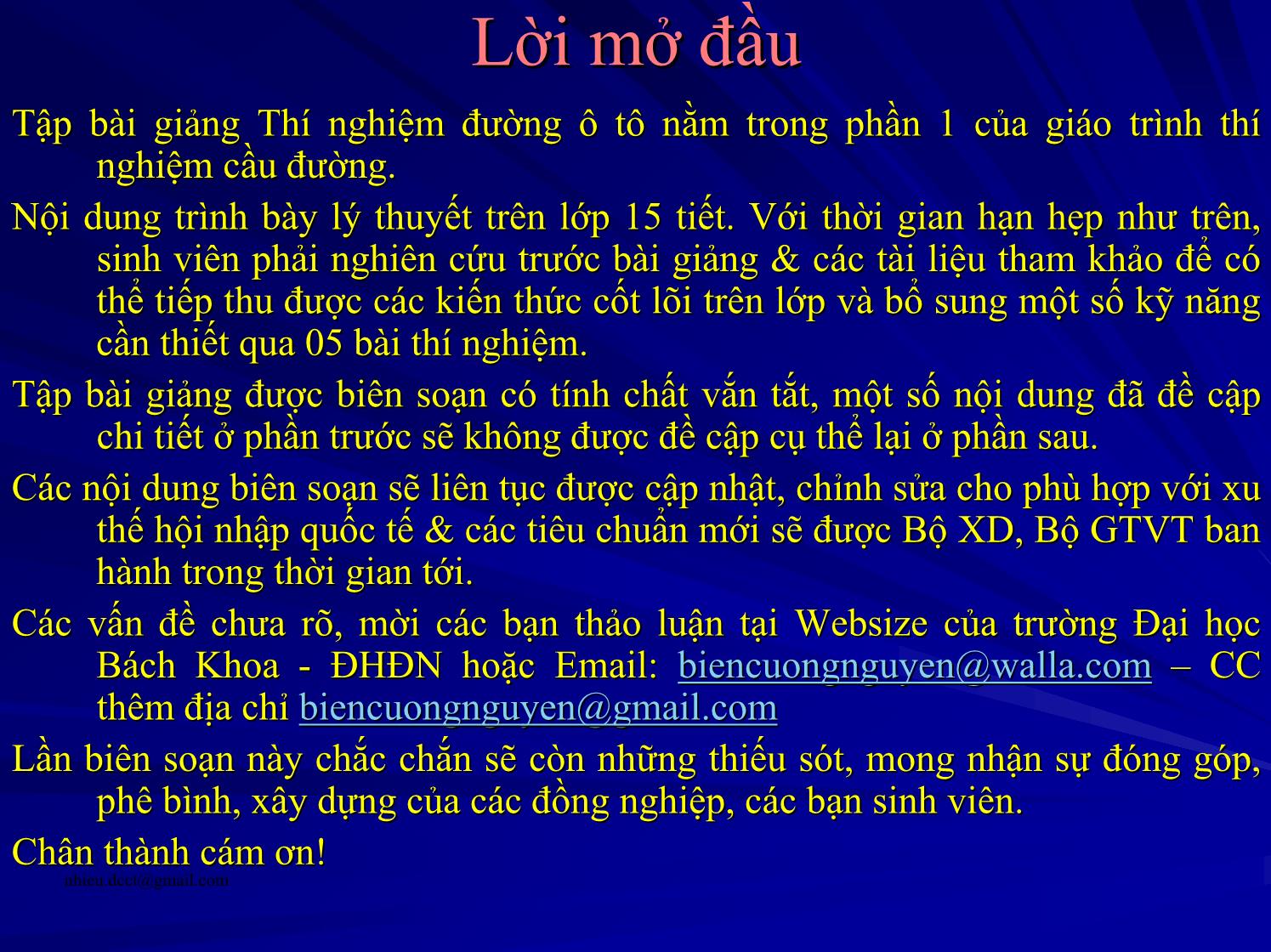 Tập bài  giảng Thí nghiệm đường ô tô trang 2