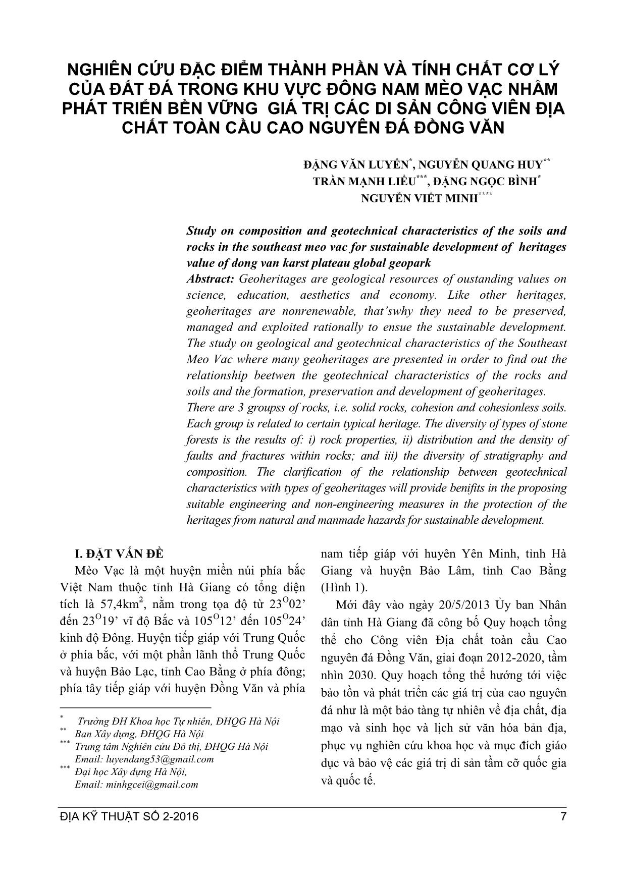 Nghiên cứu đặc điểm thành phần và tính chất cơ lý của đất đá trong khu vực đông nam mèo vạc nhằm phát triển bền vững giá trị các di sản công viên địa chất toàn cầu cao nguyên đá Đồng Văn trang 1