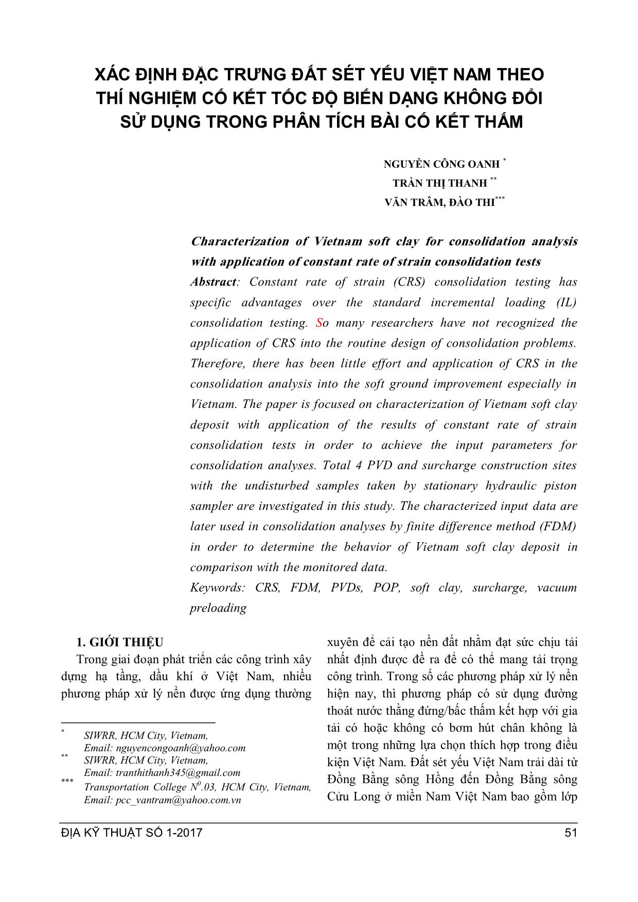 Xác định đặc trưng đất sét yếu Việt Nam theo thí nghiệm cố kết tốc độ biến dạng không đổi sử dụng trong phân tích bài cố kết thấm trang 1