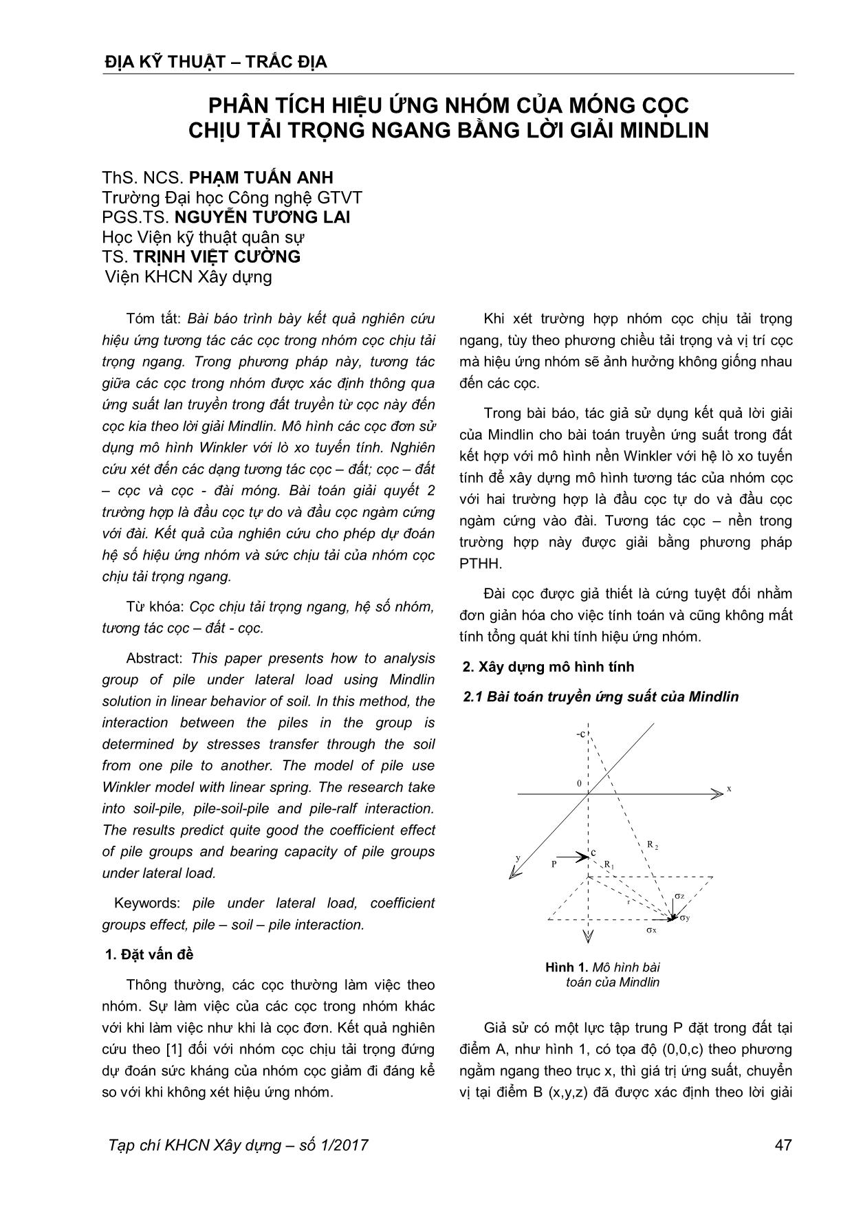 Phân tích hiệu ứng nhóm của móng cọc chịu tải trọng ngang bằng lời giải Mindlin trang 1