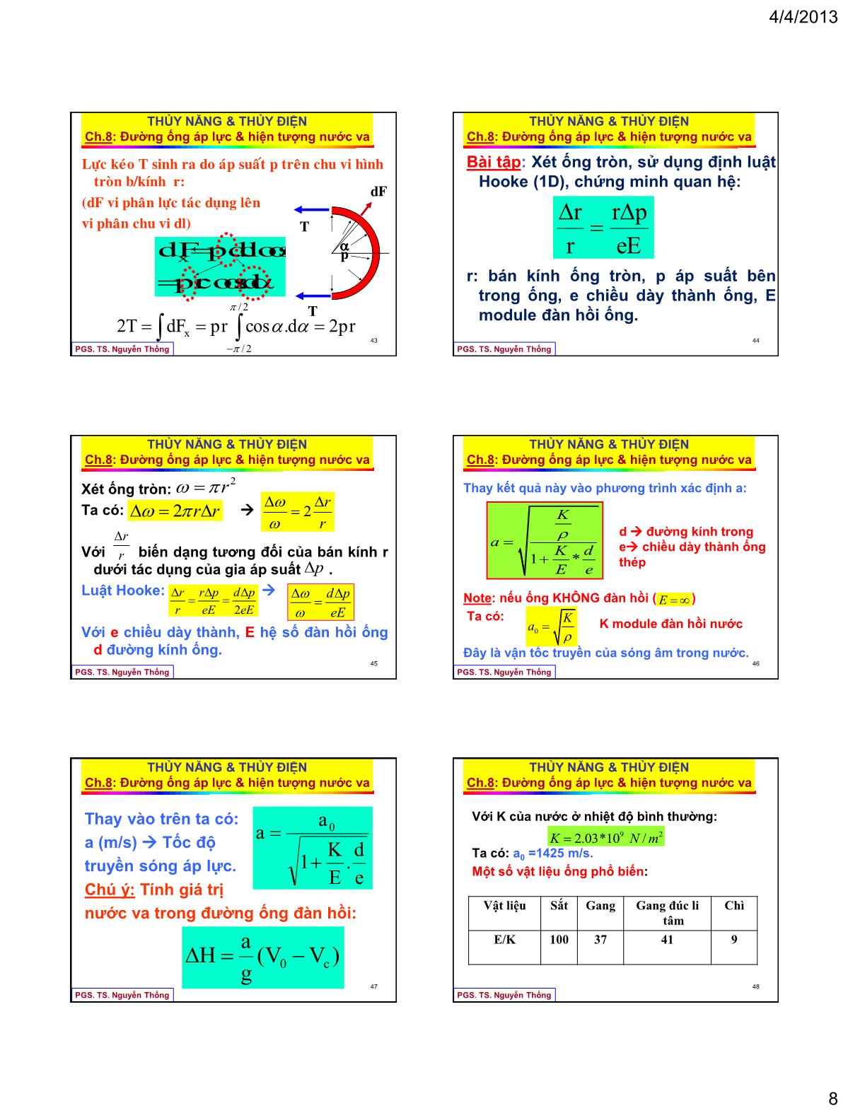 Bài giảng Thủy năng thủy điện - Chương 8: Đường ống áp lực & hiện tượng nước va trang 8