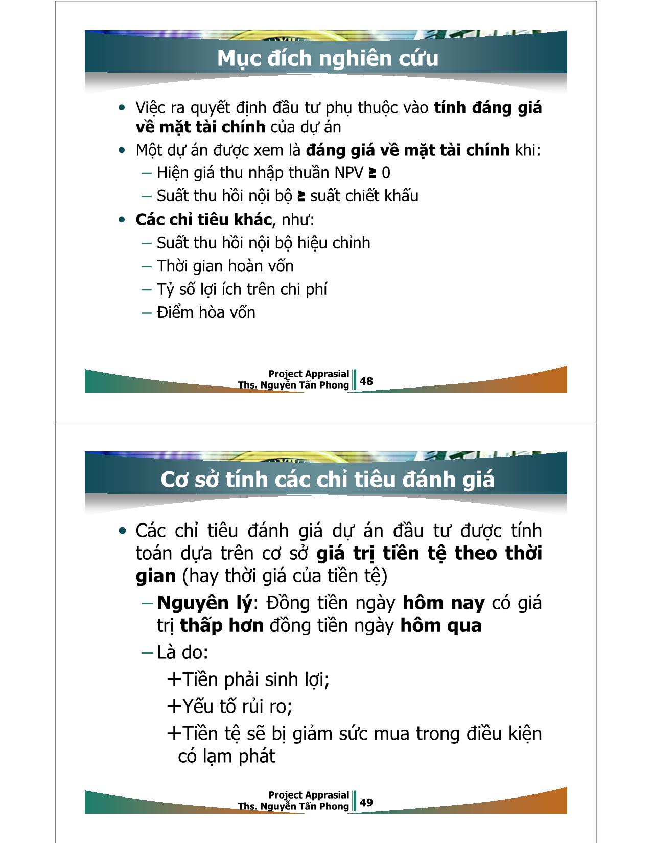 Bài giảng Dự án đầu tư - Chương 3: Các chỉ tiêu đánh giá dự án trang 2