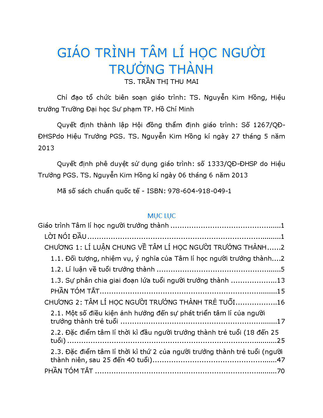 Giáo trình Tâm lí học người trưởng thành trang 1