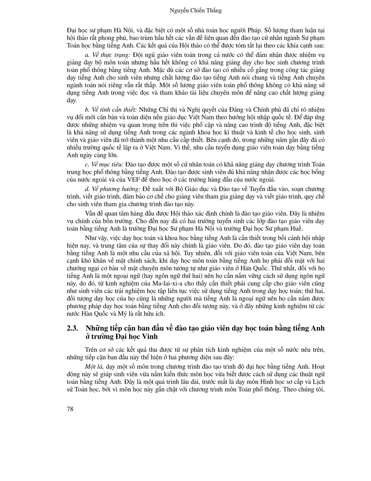 Những ý kiến về nâng cao hiệu quả đào tạo giáo viên dạy Toán bằng Tiếng Anh ở Việt Nam từ phân tích kinh nghiệm của một số nước trang 7