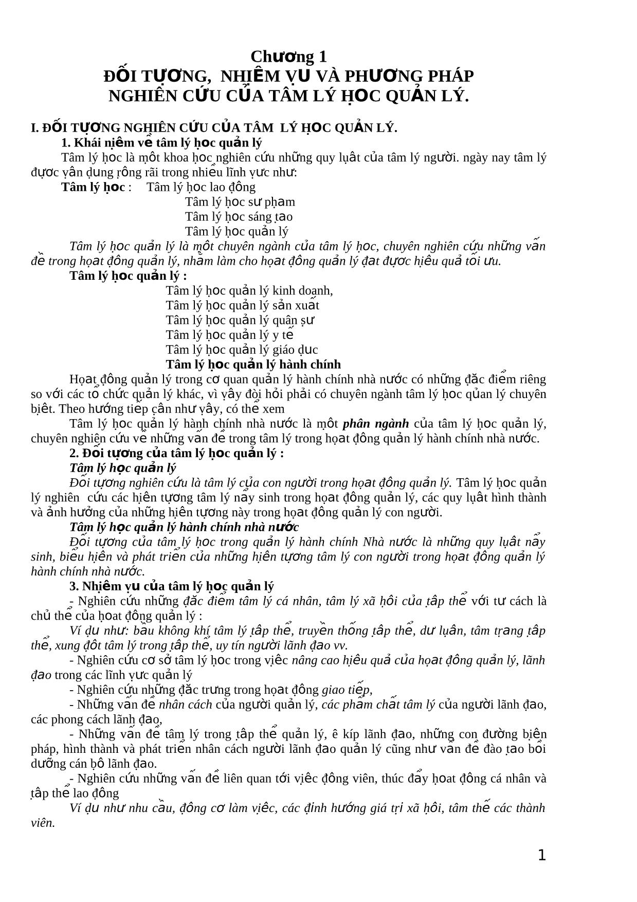 Tâm lý học - Chương 1: Đối tượng, nhiệm vụ và phương pháp nghiên cứu của tâm lý học quản lý trang 1