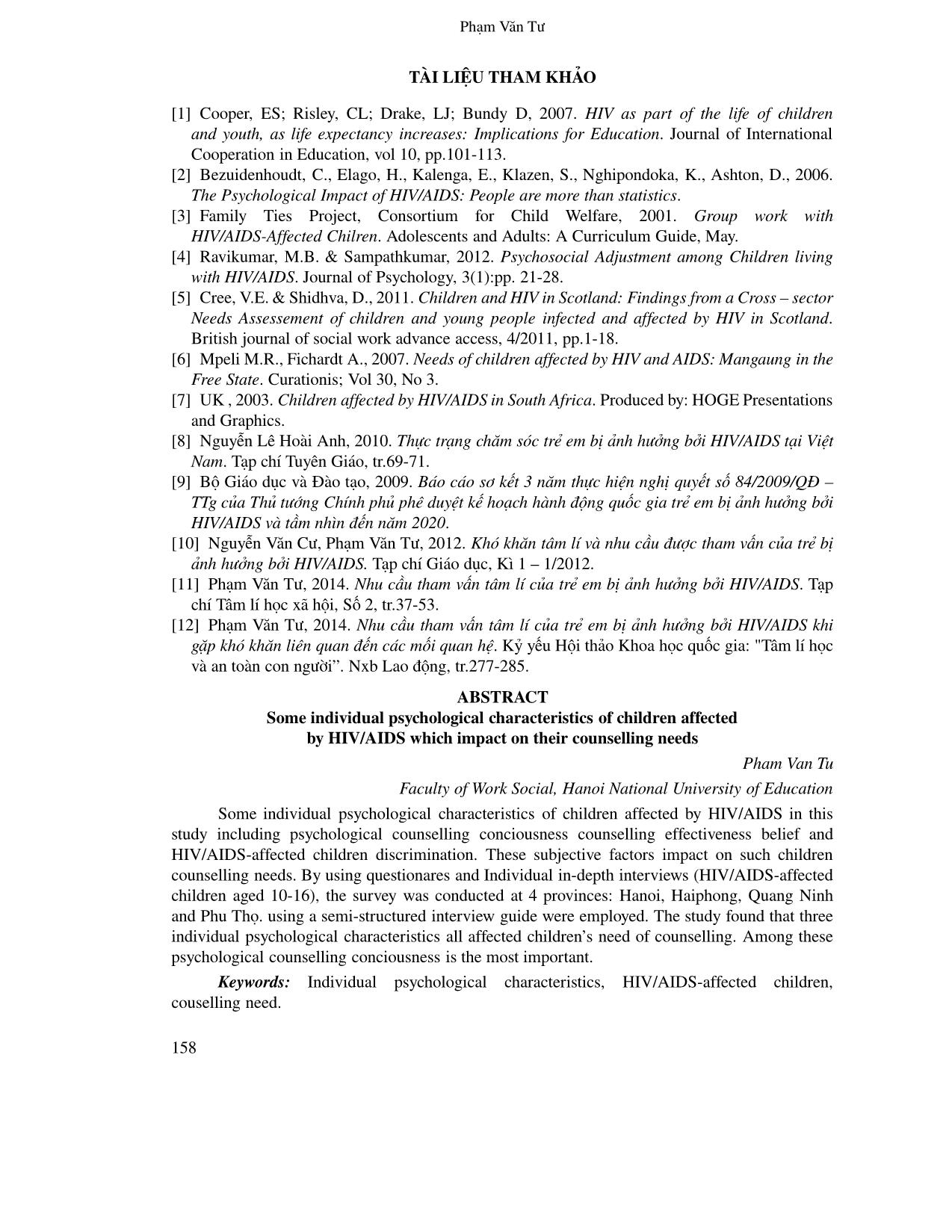 Một số đặc điểm tâm lý cá nhân tác động đến nhu cầu tham vấn tâm lí của trẻ em bị ảnh hưởng bởi HIV/AIDS trang 9