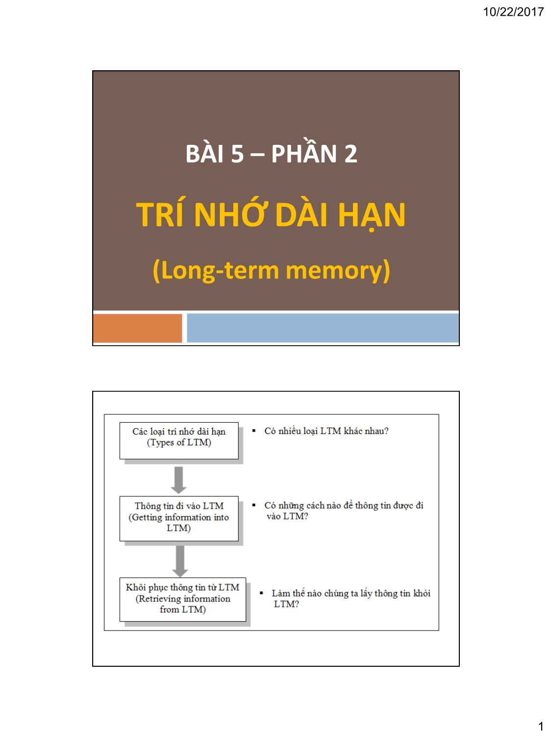 Bài giảng Tâm lý học nhận thức - Bài 5, Phần 2: Trí nhớ dài hạn (Long-term memory) trang 1