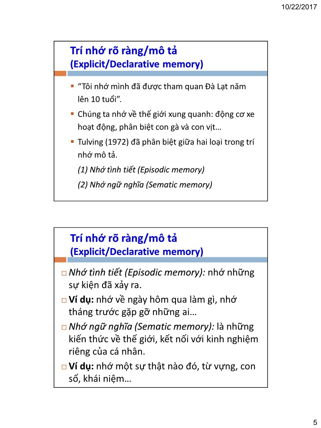 Bài giảng Tâm lý học nhận thức - Bài 5, Phần 2: Trí nhớ dài hạn (Long-term memory) trang 5