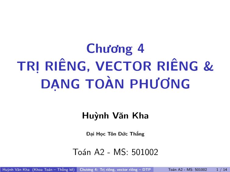 Bài giảng Toán A2 - Chương 4: Trị riêng, vector riêng-DTP trang 1