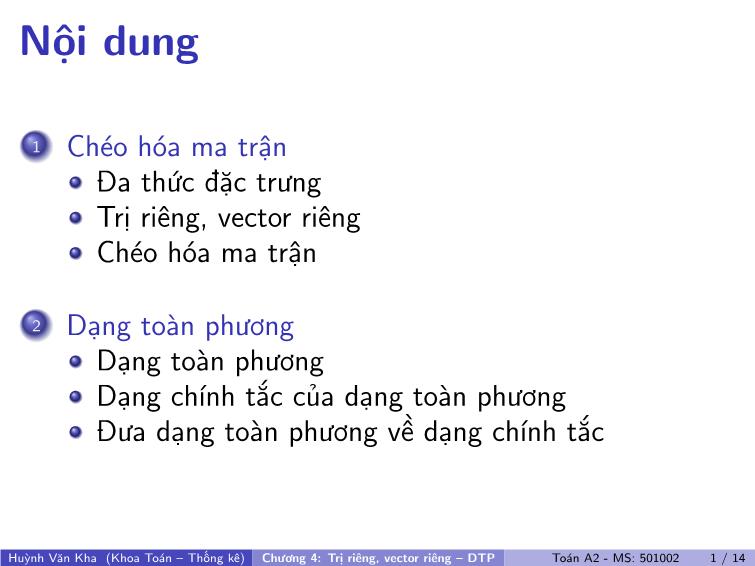 Bài giảng Toán A2 - Chương 4: Trị riêng, vector riêng-DTP trang 2