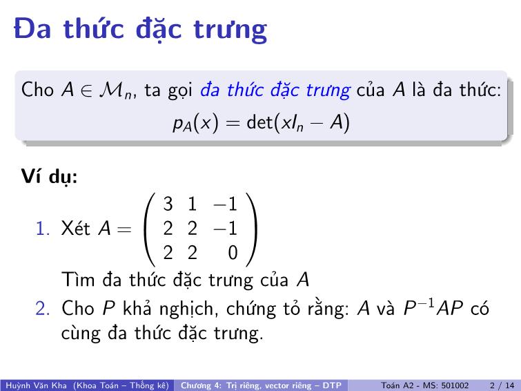 Bài giảng Toán A2 - Chương 4: Trị riêng, vector riêng-DTP trang 3