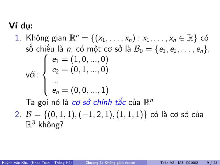 Bài giảng Toán A2 - Chương 3: Không gian vector trang 10