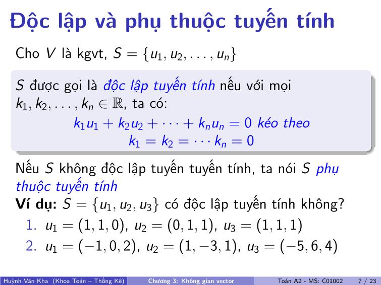 Bài giảng Toán A2 - Chương 3: Không gian vector trang 8