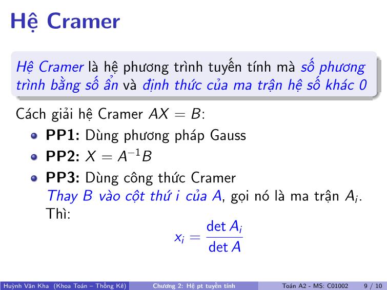 Bài giảng Toán A2 - Chương 2: Hệ phương trình tuyến tính trang 10