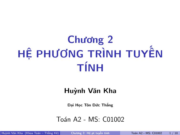 Bài giảng Toán A2 - Chương 2: Hệ phương trình tuyến tính trang 1