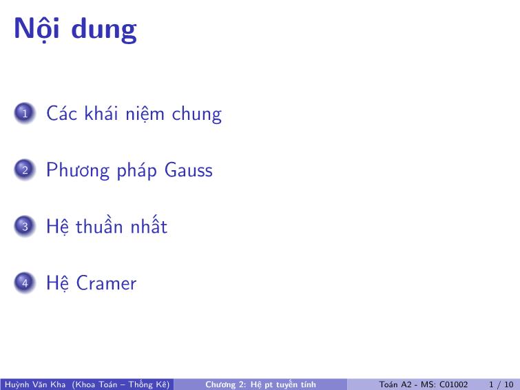 Bài giảng Toán A2 - Chương 2: Hệ phương trình tuyến tính trang 2