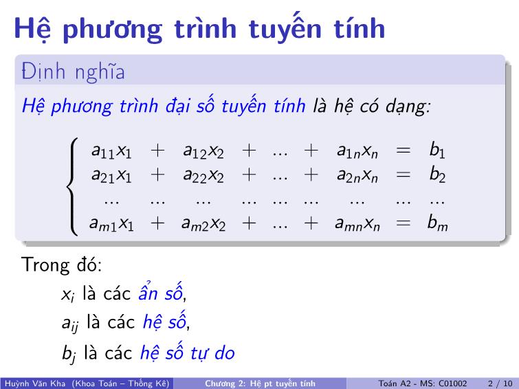 Bài giảng Toán A2 - Chương 2: Hệ phương trình tuyến tính trang 3