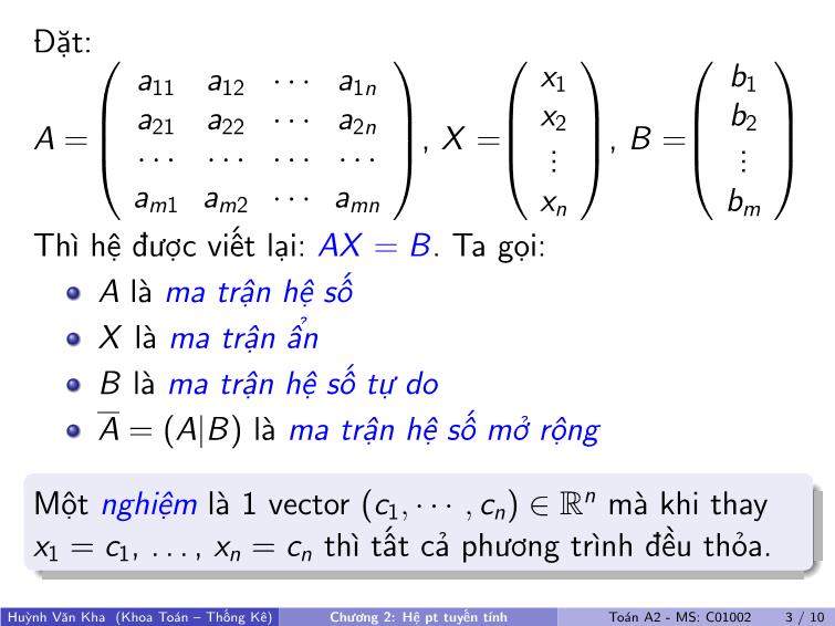 Bài giảng Toán A2 - Chương 2: Hệ phương trình tuyến tính trang 4