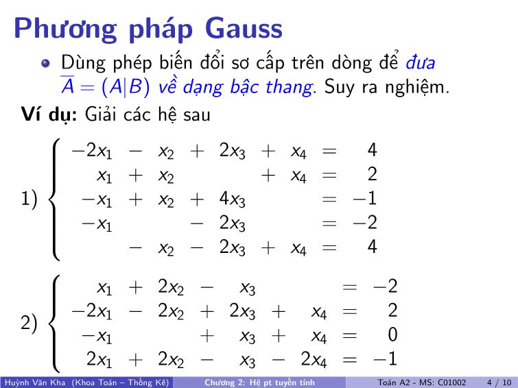 Bài giảng Toán A2 - Chương 2: Hệ phương trình tuyến tính trang 5