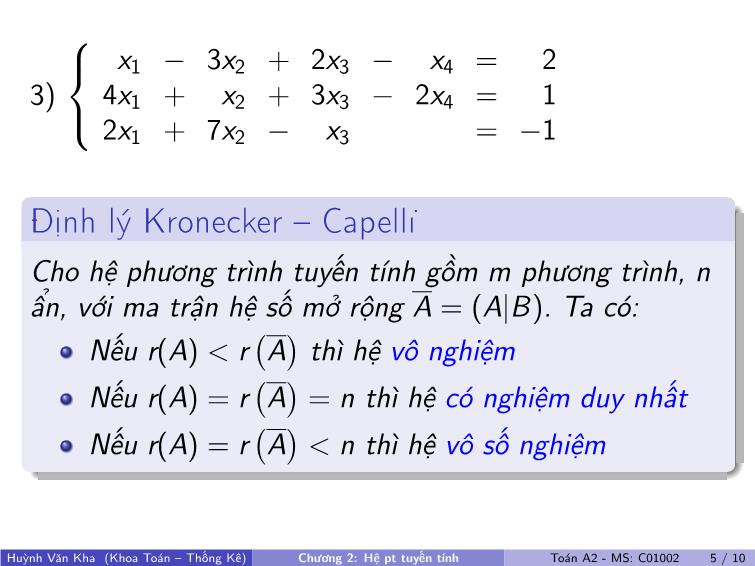 Bài giảng Toán A2 - Chương 2: Hệ phương trình tuyến tính trang 6