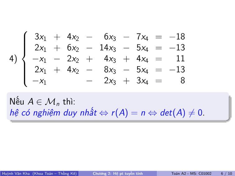 Bài giảng Toán A2 - Chương 2: Hệ phương trình tuyến tính trang 7