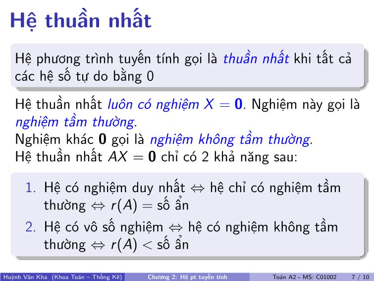 Bài giảng Toán A2 - Chương 2: Hệ phương trình tuyến tính trang 8