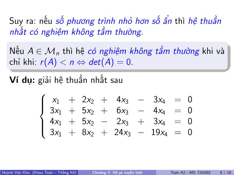 Bài giảng Toán A2 - Chương 2: Hệ phương trình tuyến tính trang 9