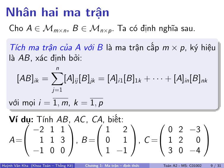 Bài giảng Toán A2 - Chương 1: Ma trận, định thức trang 10