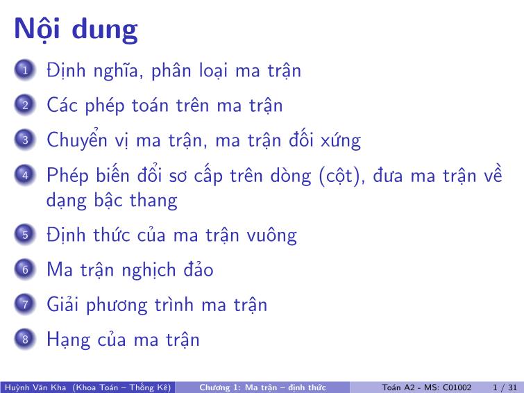 Bài giảng Toán A2 - Chương 1: Ma trận, định thức trang 2