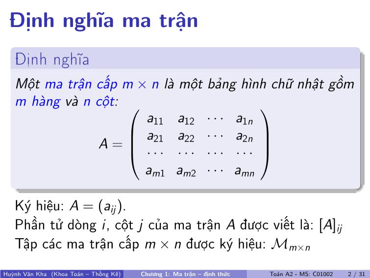 Bài giảng Toán A2 - Chương 1: Ma trận, định thức trang 3