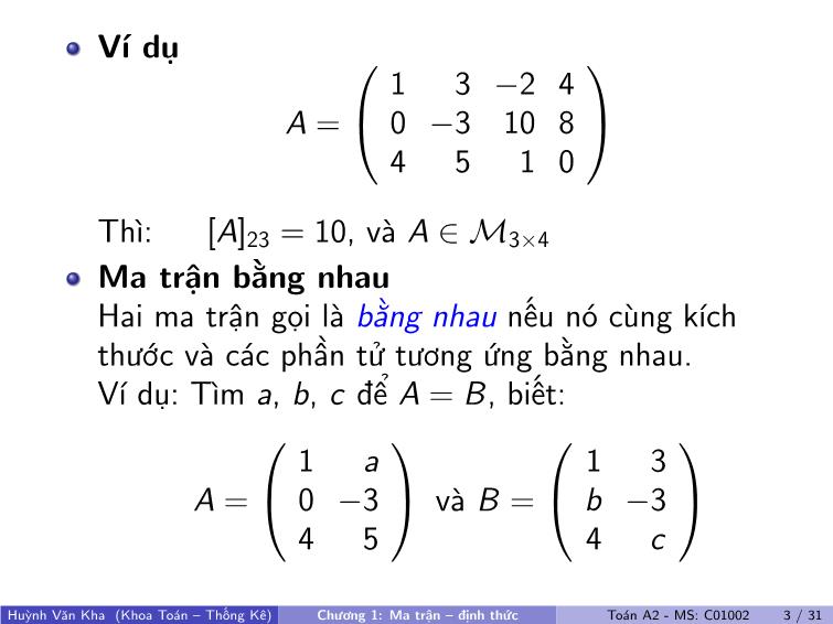 Bài giảng Toán A2 - Chương 1: Ma trận, định thức trang 4