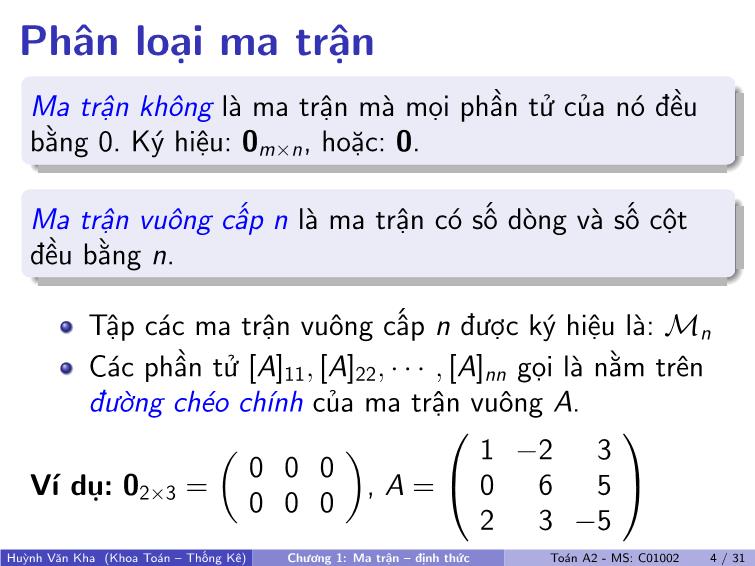 Bài giảng Toán A2 - Chương 1: Ma trận, định thức trang 5