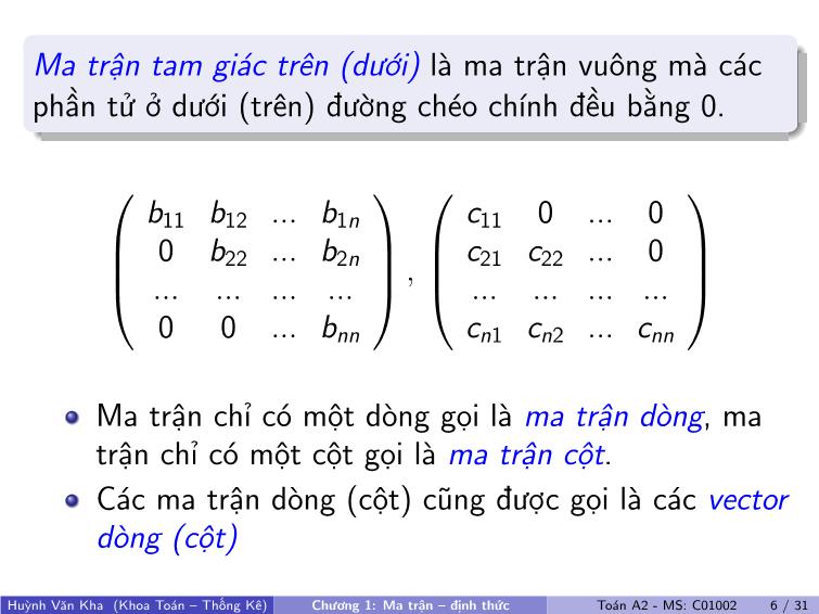 Bài giảng Toán A2 - Chương 1: Ma trận, định thức trang 7