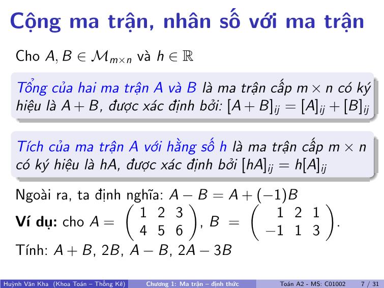 Bài giảng Toán A2 - Chương 1: Ma trận, định thức trang 8