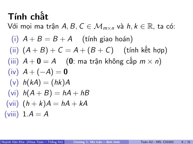 Bài giảng Toán A2 - Chương 1: Ma trận, định thức trang 9