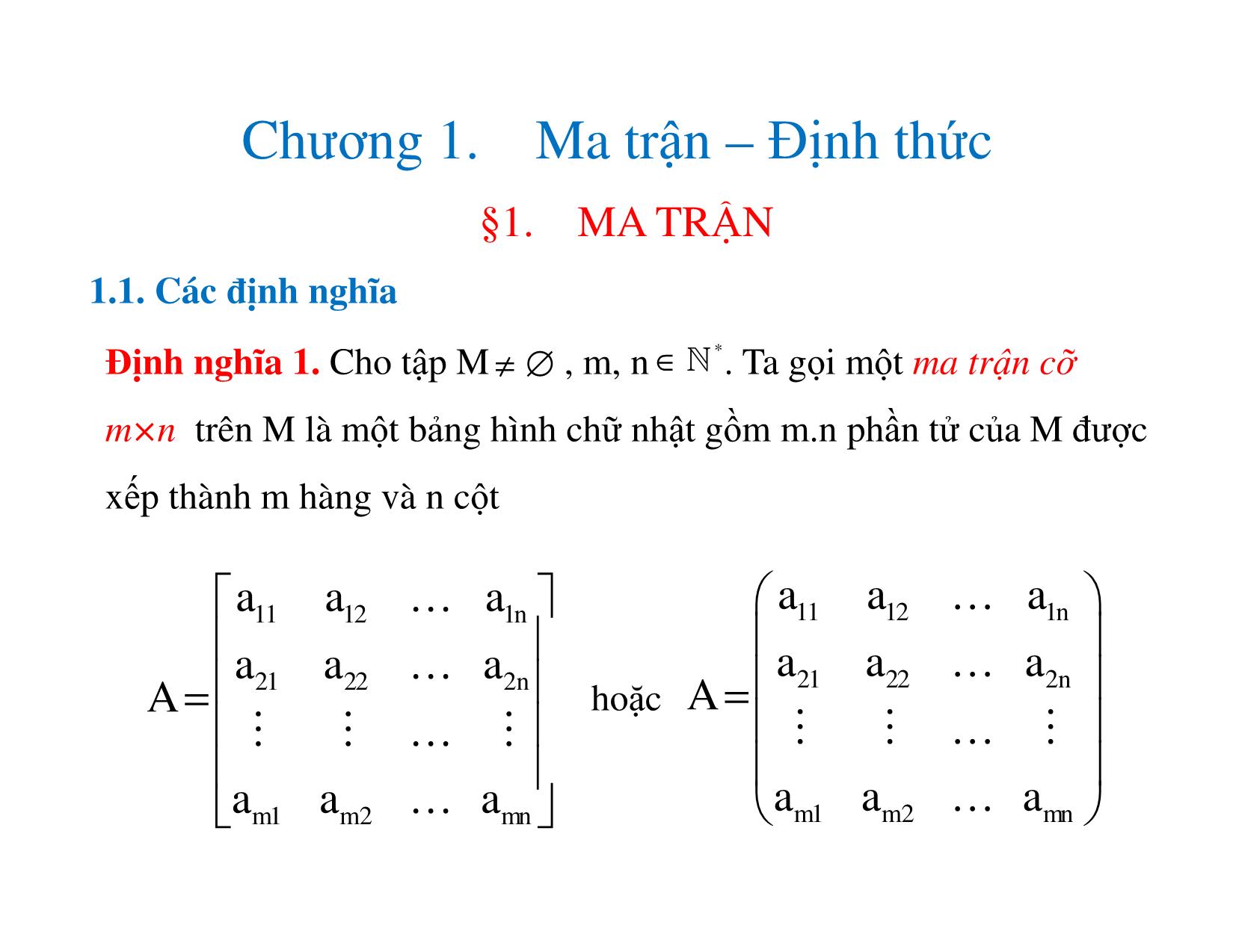 Bài giảng Đại số tuyến tính - Chương 1: Ma trận, định thức trang 3