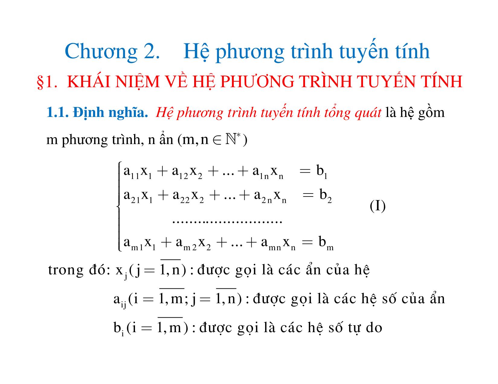 Bài giảng Đại số tuyến tính - Chương 2: Hệ phương trình tuyến tính trang 1