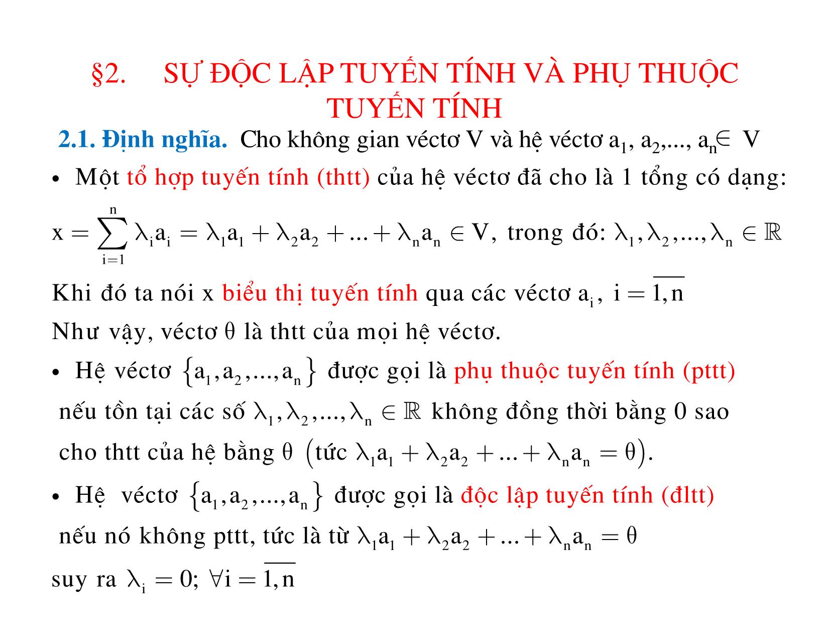 Bài giảng Đại số tuyến tính - Chương 3: Không gian véctơ trang 6