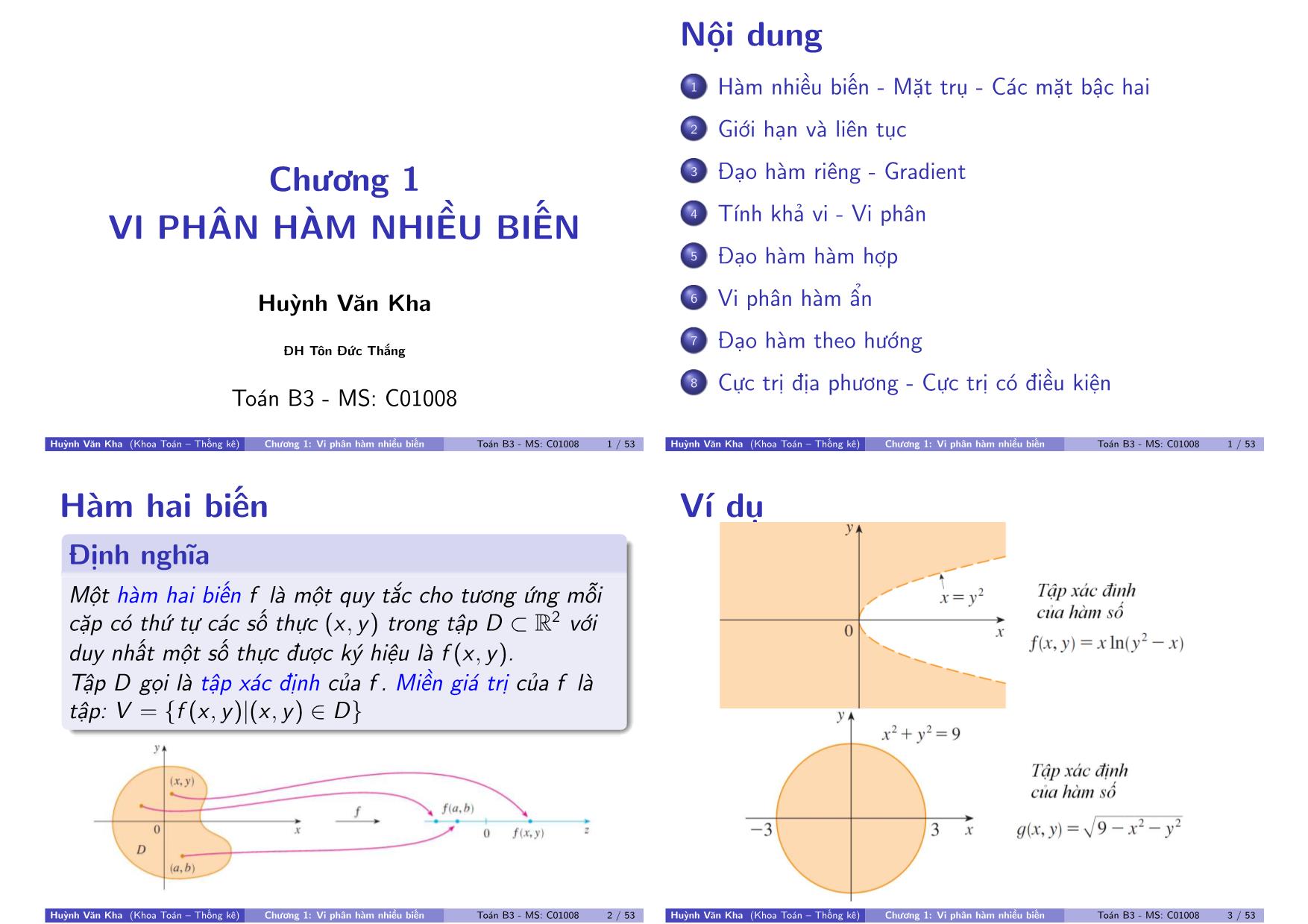 Bài giảng Toán B3 - Chương 1: Vi phân hàm nhiều biến trang 1