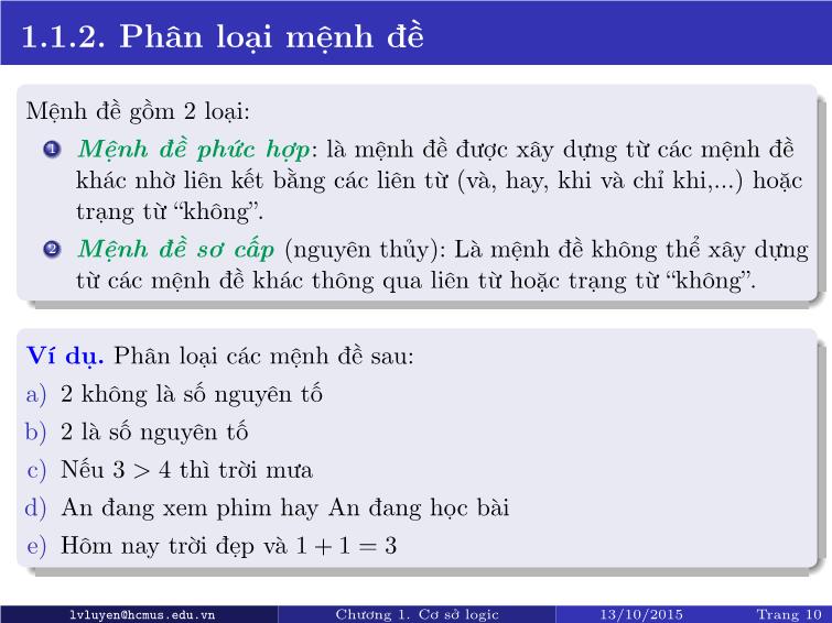 Bài giảng Toán rời rạc - Chương 1: Cơ sở lôgic trang 10