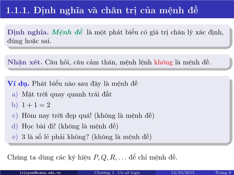 Bài giảng Toán rời rạc - Chương 1: Cơ sở lôgic trang 8