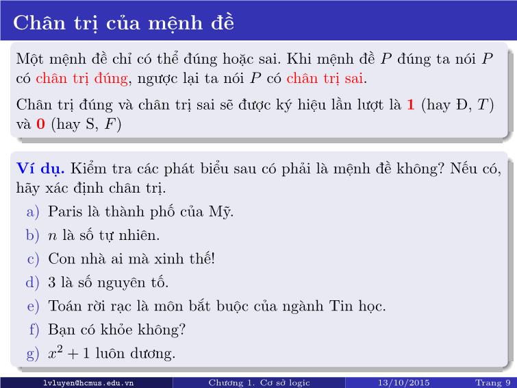 Bài giảng Toán rời rạc - Chương 1: Cơ sở lôgic trang 9