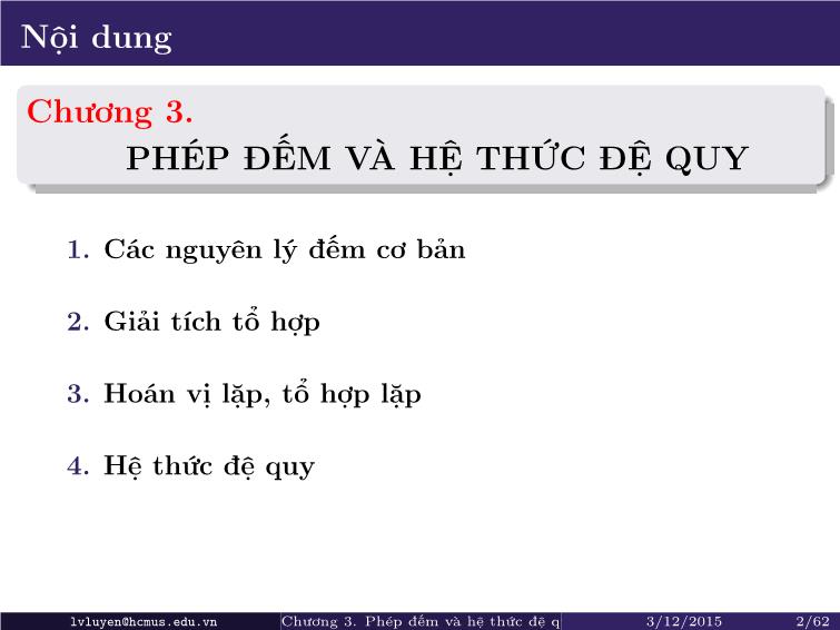 Bài giảng Toán rời rạc - Chương 3: Phép đếm và hệ thức đệ quy trang 2