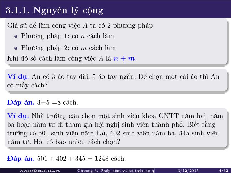 Bài giảng Toán rời rạc - Chương 3: Phép đếm và hệ thức đệ quy trang 4