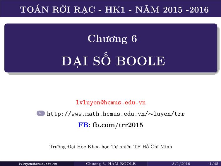 Bài giảng Toán rời rạc - Chương 6: Đại số Boole trang 1